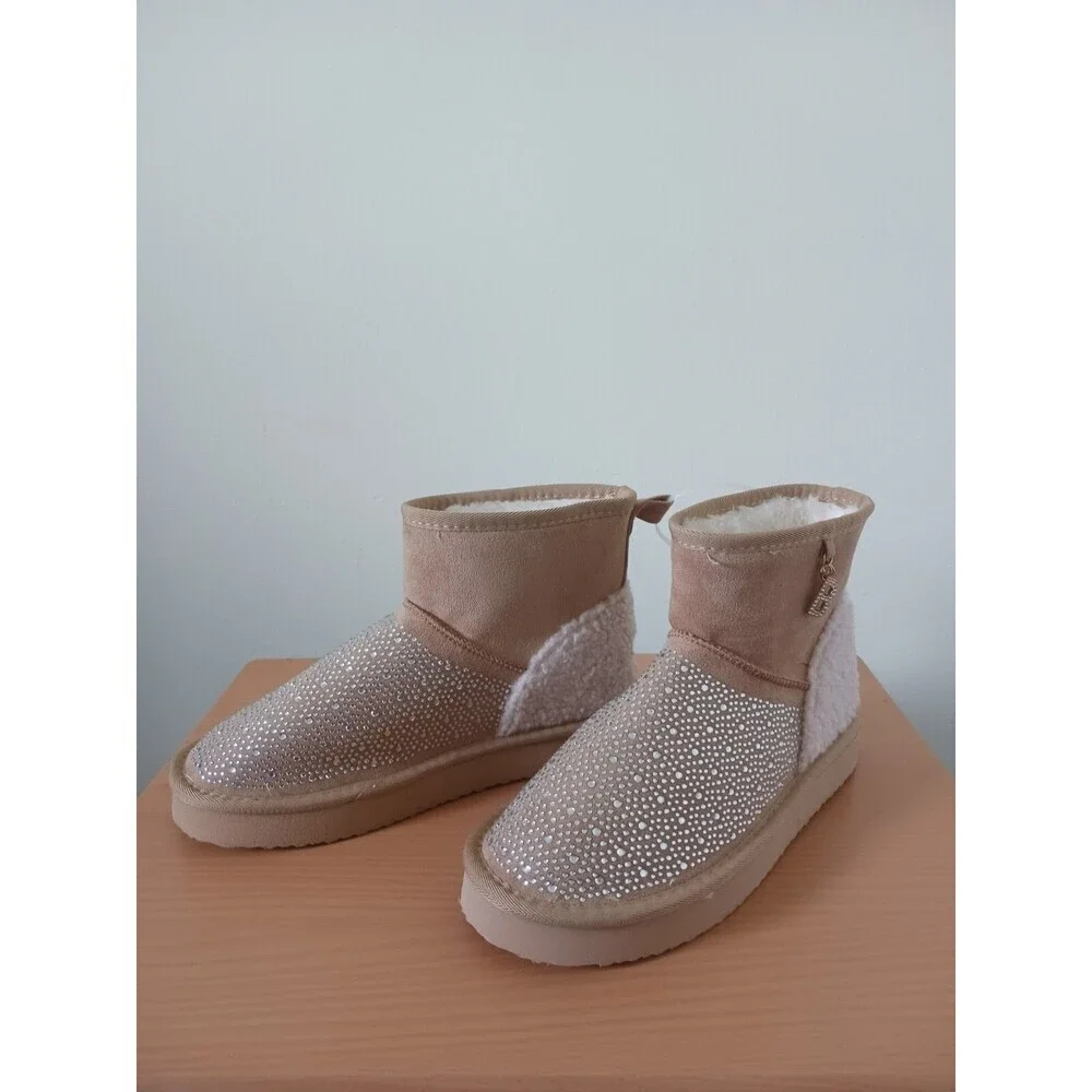 Bebe Faux Fur Winter Boots Rhinestones Fashion Bling Tan‎ Size 7